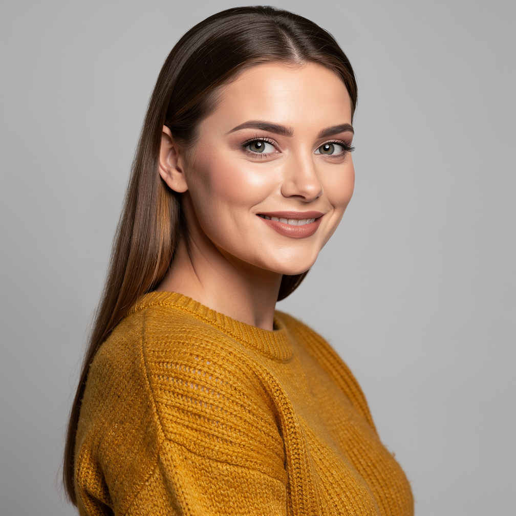Studio portrait of a young German woman in her early thirties with long brown hair wearing a knit sweater, smiling